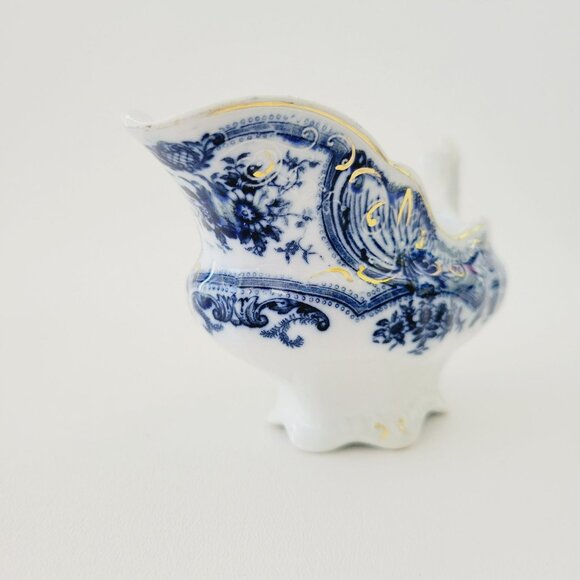 J&G Meakin York Flow Blue Gravy Boat, Embossed, Gold Accents, Floral Swags - Picture 12 of 13